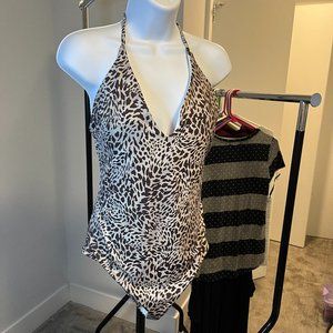 LOFT // Leopard Print Tie Back One Piece Deep V Swimsuit